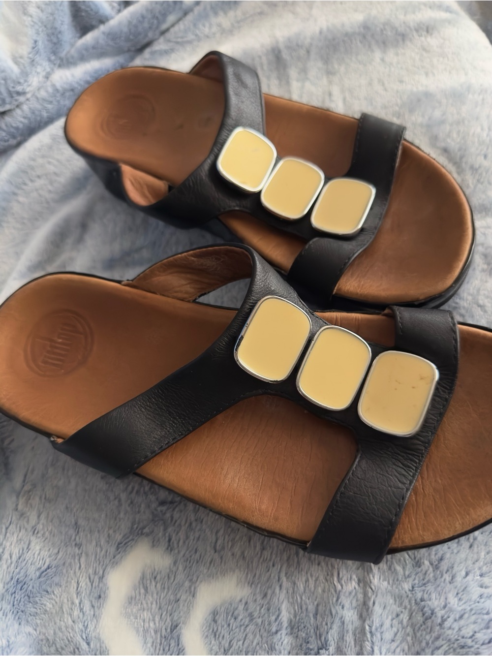 Fitflop Black Slide Sandals with Cream Square Accents